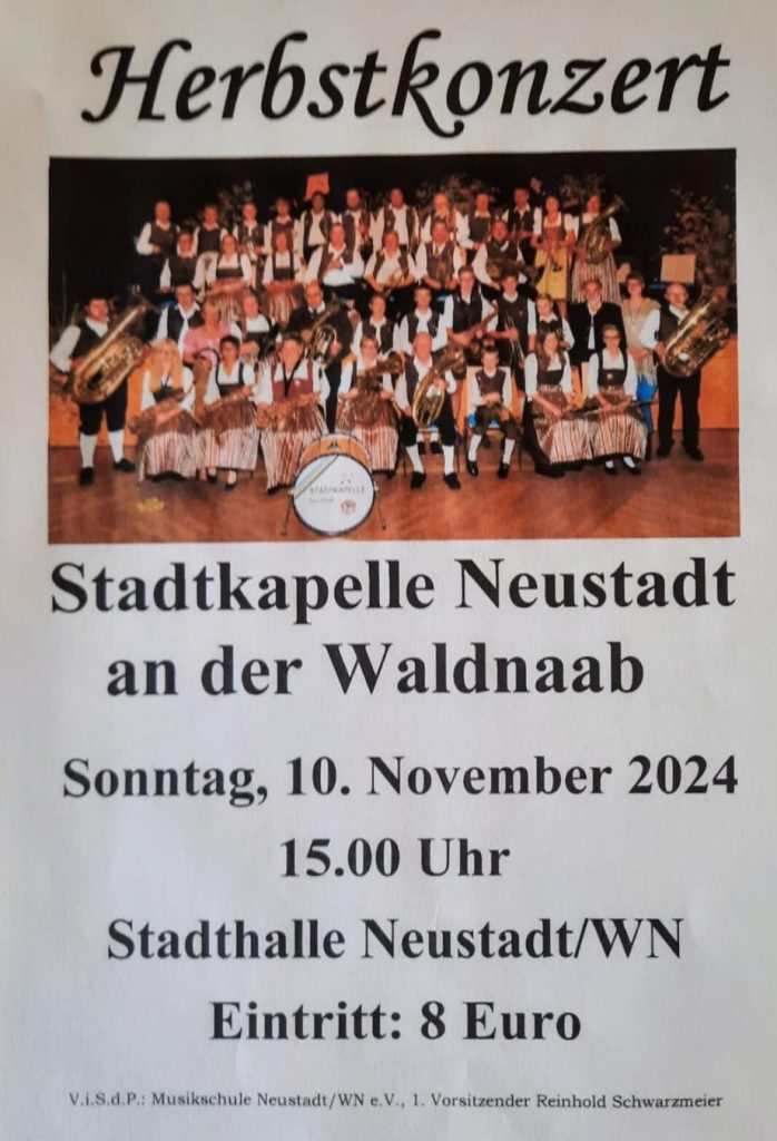 Herbstkonzert der Stadtkapelle Neustadt an der Waldnaab am 10.11.2024 um 15:00 Uhr in der Stadthalle Neustadt an der Waldnaab, Eintritt: 8€